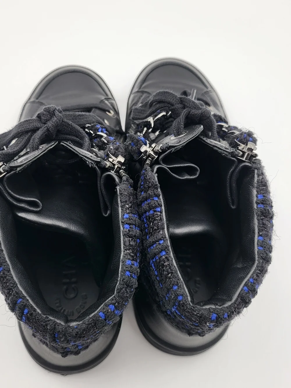 CHANEL LAMBSKIN LEATHER TWEED ZIPPED HI-TOP SNEAKERS 6.5. Authentic.